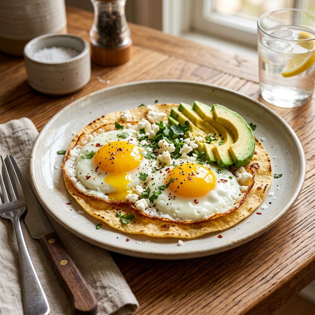 Œuf frit au jaune coulant sur une base de feta croustillante, servi avec avocat et tortilla chaude.
