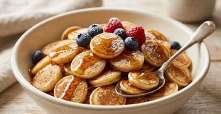 Bol de céréales de crêpes dorées avec sirop d’érable, fraises, myrtilles, banane et yaourt.