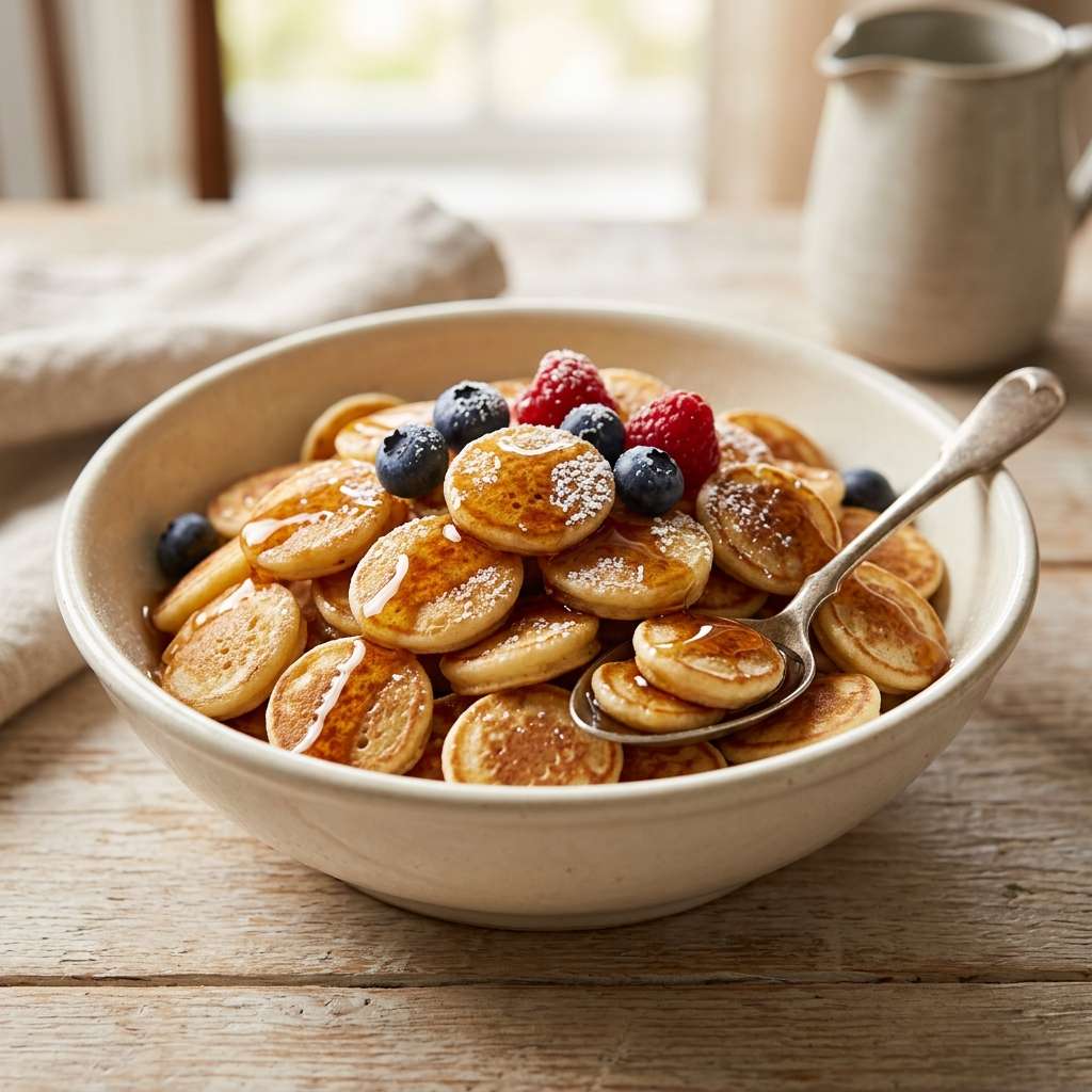 Bol de céréales de crêpes dorées avec sirop d’érable, fraises, myrtilles, banane et yaourt.