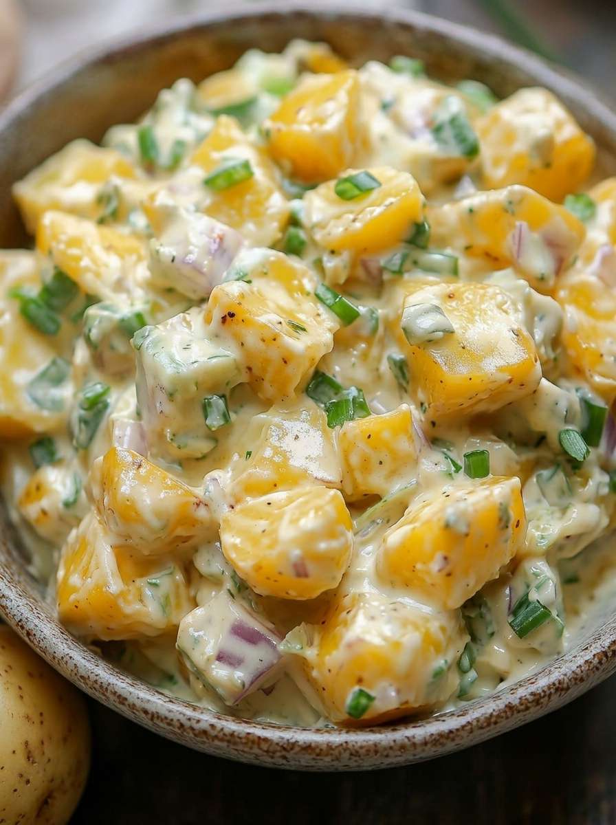 Salade crémeuse de pommes de terre servie dans un saladier blanc, avec dés de concombre, oignon rouge et ciboulette fraîche ciselée.