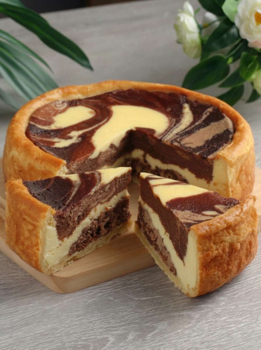 Flan marbré vanille chocolat coupé en parts, avec une pâte dorée, une crème épaisse vanillée et chocolatée, et un joli motif marbré visible.