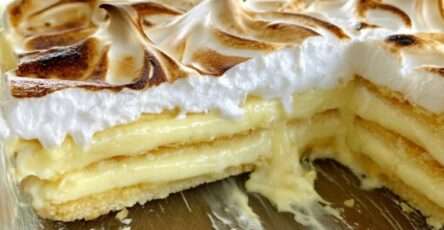 Grand dessert citron meringué servi dans un plat à gratin, avec couches de biscuits fondants, crème citron onctueuse et meringue dorée.