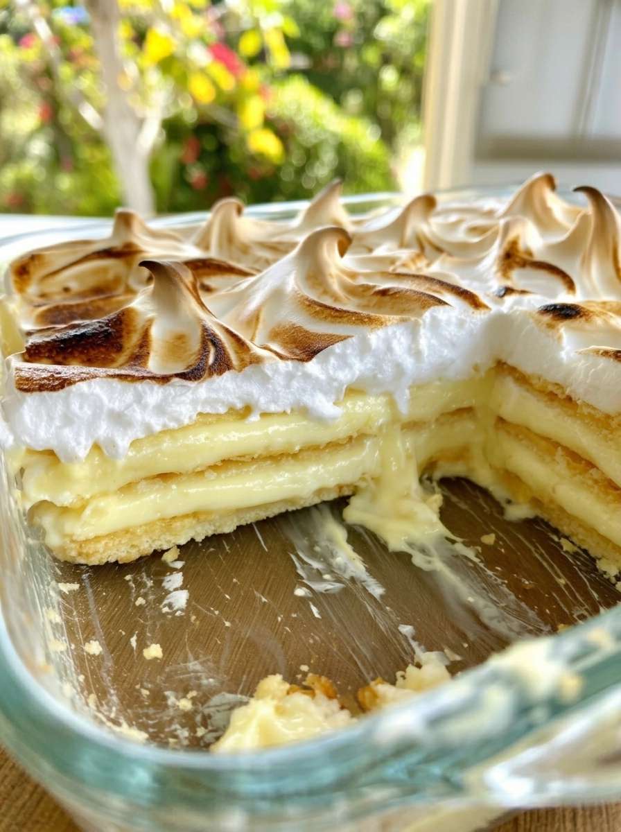 Grand dessert citron meringué servi dans un plat à gratin, avec couches de biscuits fondants, crème citron onctueuse et meringue dorée.