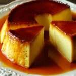 Flan caramel façon grand-mère démoulé sur un plat blanc, nappé de caramel doré brillant, avec une texture lisse et fondante.