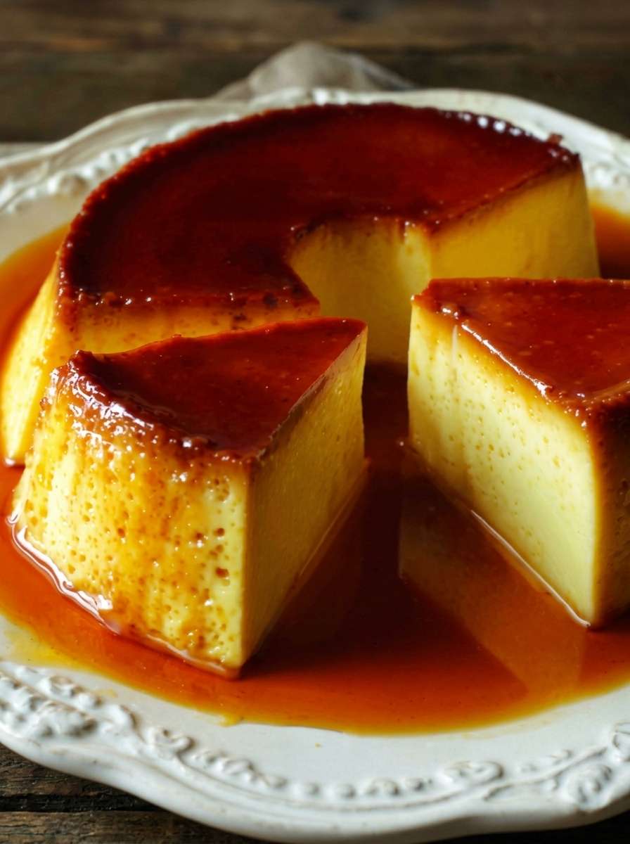 Flan caramel façon grand-mère démoulé sur un plat blanc, nappé de caramel doré brillant, avec une texture lisse et fondante.
