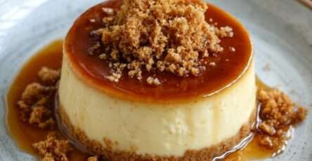 Flan crémeux au caramel démoulé avec une base biscuitée dorée, nappé de caramel brillant et garni de crumble croustillant.