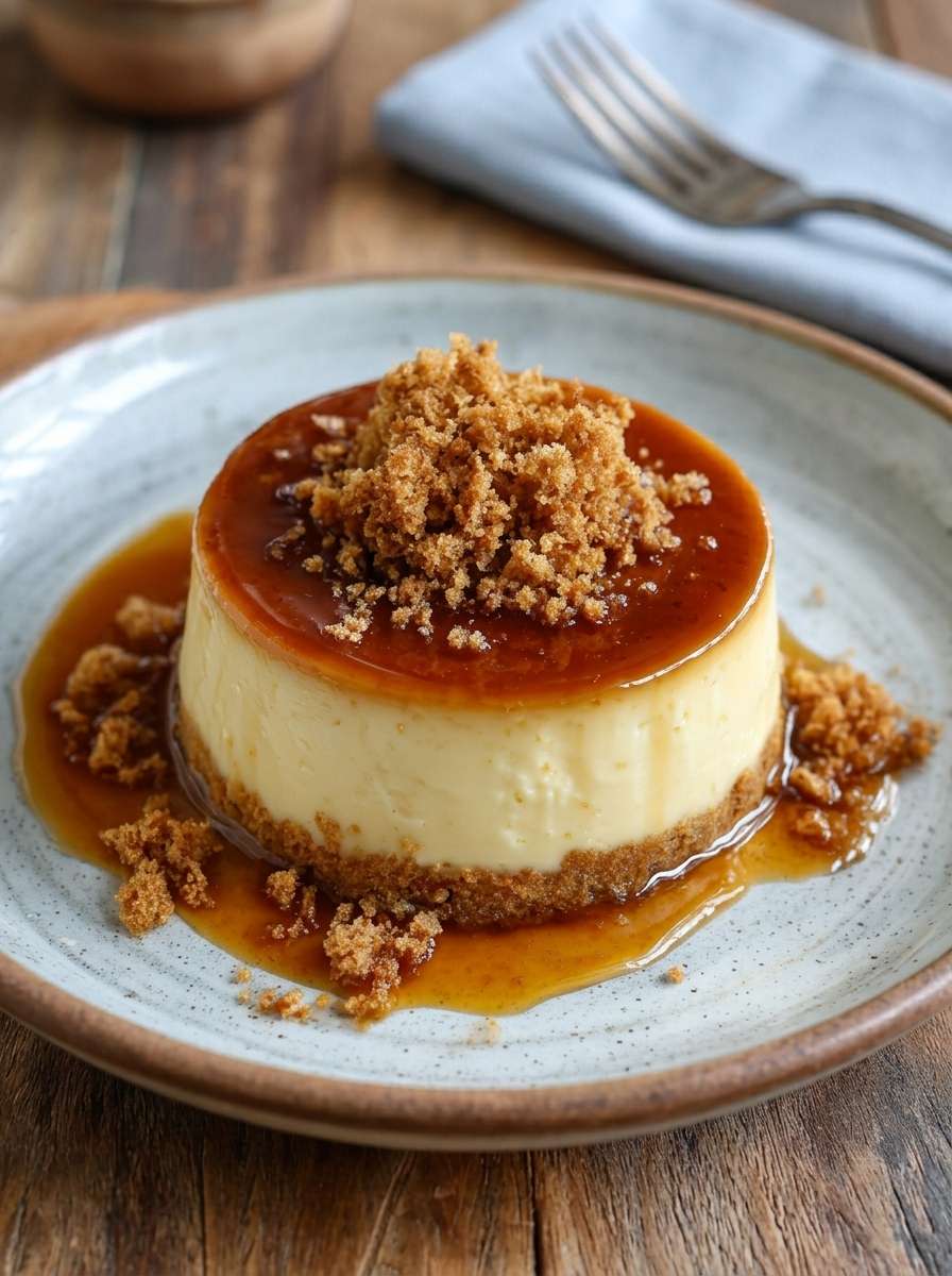 Flan crémeux au caramel démoulé avec une base biscuitée dorée, nappé de caramel brillant et garni de crumble croustillant.