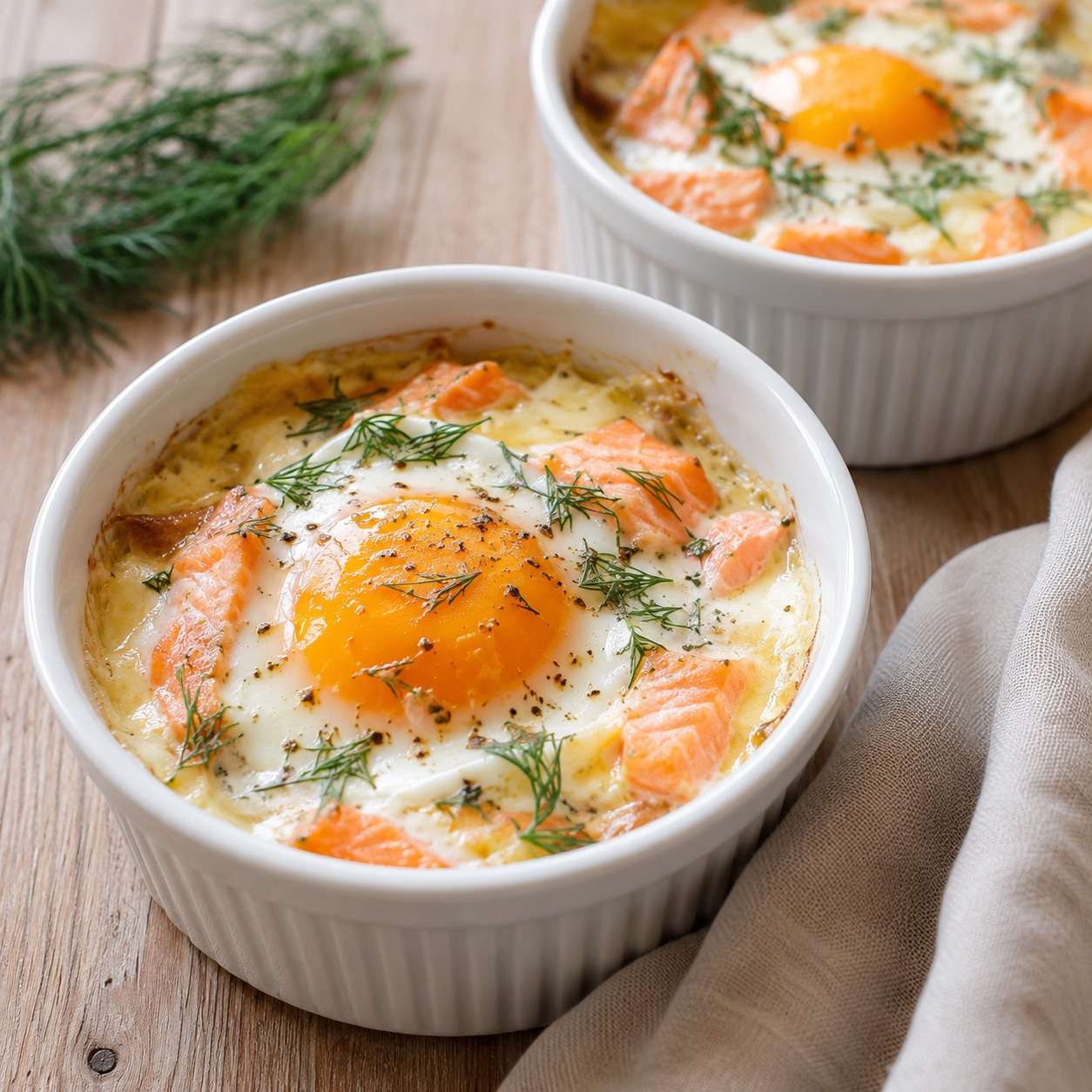 Quatre ramequins d’œufs cocotte au saumon fumé, à la crème et au fromage, cuits au bain-marie et garnis d’aneth frais.