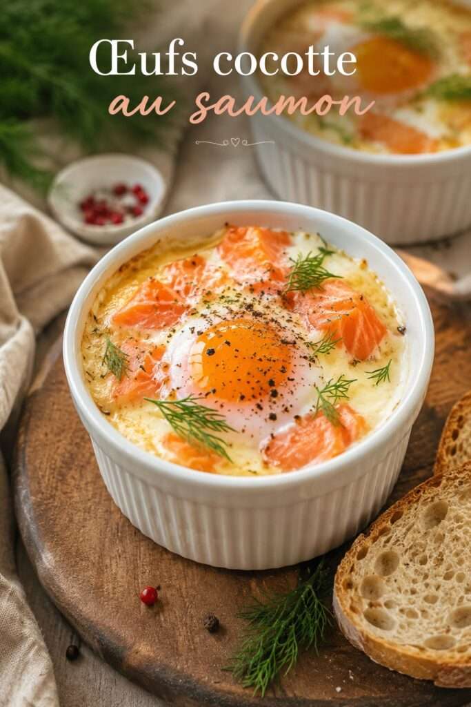 Quatre ramequins d’œufs cocotte au saumon fumé, à la crème et au fromage, cuits au bain-marie et garnis d’aneth frais.