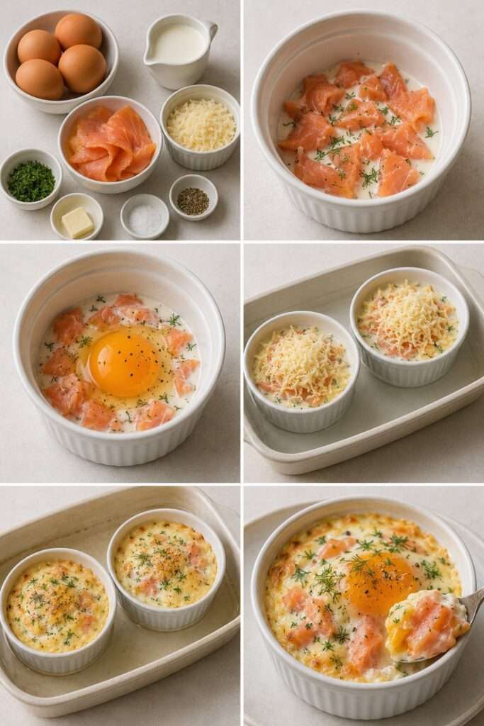 Quatre ramequins d’œufs cocotte au saumon fumé, à la crème et au fromage, cuits au bain-marie et garnis d’aneth frais.