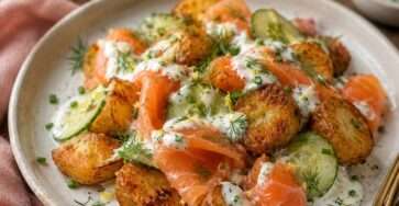 Salade de pommes de terre dorées et croustillantes servie avec du saumon fumé, des rondelles de concombre, une sauce crémeuse au yaourt et de l’aneth frais.
