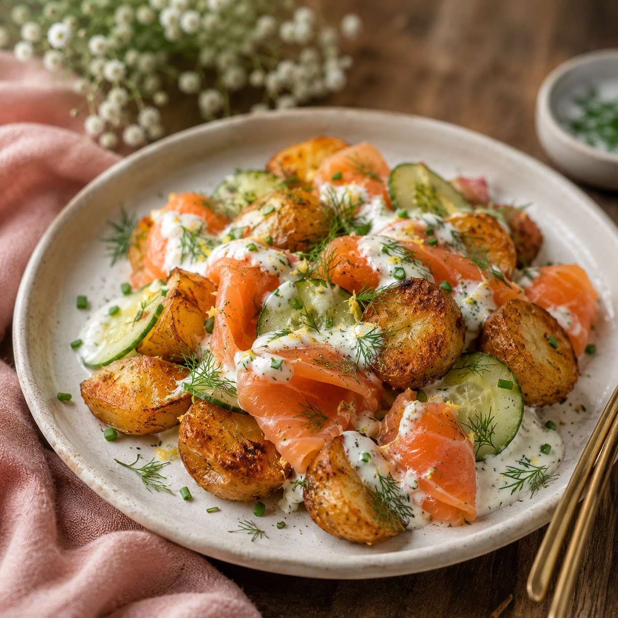 Salade de pommes de terre dorées et croustillantes servie avec du saumon fumé, des rondelles de concombre, une sauce crémeuse au yaourt et de l’aneth frais.
