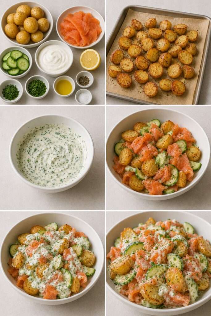 Salade de pommes de terre dorées et croustillantes servie avec du saumon fumé, des rondelles de concombre, une sauce crémeuse au yaourt et de l’aneth frais.