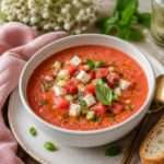 Bol de gaspacho rose à la pastèque et à la tomate, garni de feta émiettée, de dés de concombre, de feuilles de menthe et d’un filet d’huile d’olive.