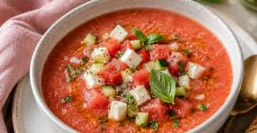 Bol de gaspacho rose à la pastèque et à la tomate, garni de feta émiettée, de dés de concombre, de feuilles de menthe et d’un filet d’huile d’olive.