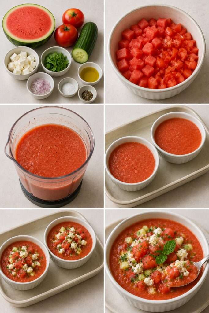 Bol de gaspacho rose à la pastèque et à la tomate, garni de feta émiettée, de dés de concombre, de feuilles de menthe et d’un filet d’huile d’olive.