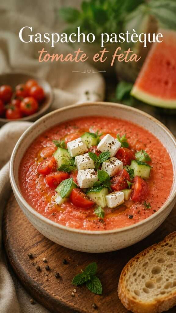 Bol de gaspacho rose à la pastèque et à la tomate, garni de feta émiettée, de dés de concombre, de feuilles de menthe et d’un filet d’huile d’olive.