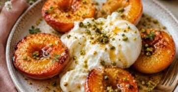 Demi-pêches rôties et caramélisées servies avec une burrata crémeuse, un filet de miel doré, des pistaches concassées et quelques feuilles de thym frais.