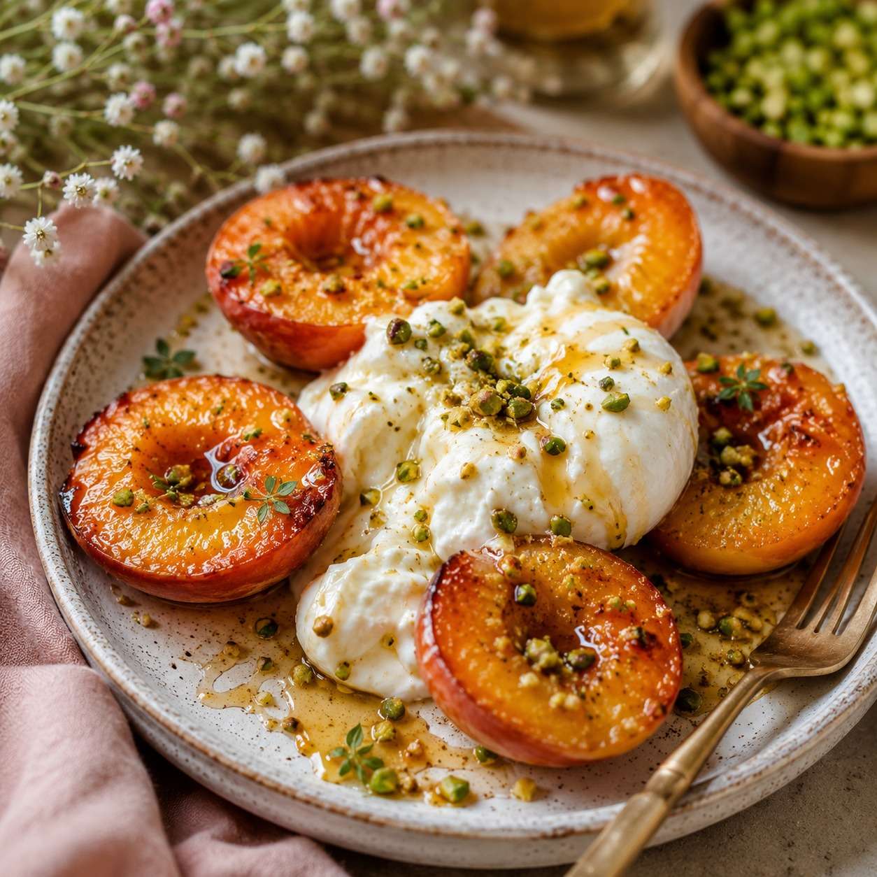 Demi-pêches rôties et caramélisées servies avec une burrata crémeuse, un filet de miel doré, des pistaches concassées et quelques feuilles de thym frais.