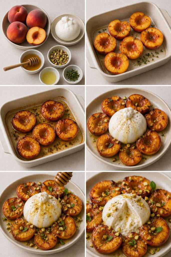 Demi-pêches rôties et caramélisées servies avec une burrata crémeuse, un filet de miel doré, des pistaches concassées et quelques feuilles de thym frais.