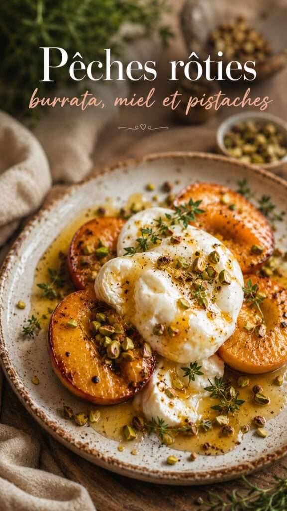 Demi-pêches rôties et caramélisées servies avec une burrata crémeuse, un filet de miel doré, des pistaches concassées et quelques feuilles de thym frais.