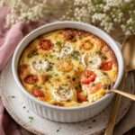 Clafoutis salé doré aux tomates cerises entières et au fromage de chèvre fondant, parfumé au thym et servi dans un plat en céramique.