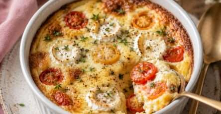 Clafoutis salé doré aux tomates cerises entières et au fromage de chèvre fondant, parfumé au thym et servi dans un plat en céramique.