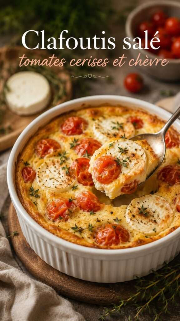 Clafoutis salé doré aux tomates cerises entières et au fromage de chèvre fondant, parfumé au thym et servi dans un plat en céramique.