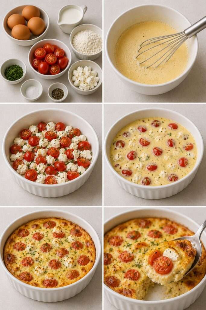 Clafoutis salé doré aux tomates cerises entières et au fromage de chèvre fondant, parfumé au thym et servi dans un plat en céramique.