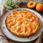 Tarte fine en pâte feuilletée garnie de crème d’amande fondante, de quartiers d’abricots rôtis et d’amandes effilées dorées au four.