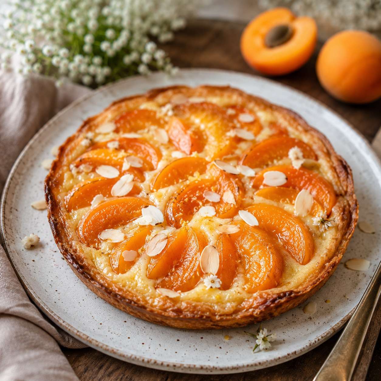 Tarte fine en pâte feuilletée garnie de crème d’amande fondante, de quartiers d’abricots rôtis et d’amandes effilées dorées au four.