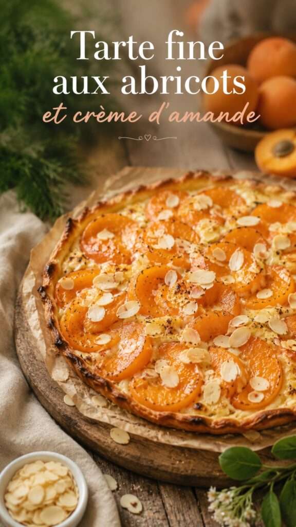 Tarte fine en pâte feuilletée garnie de crème d’amande fondante, de quartiers d’abricots rôtis et d’amandes effilées dorées au four.