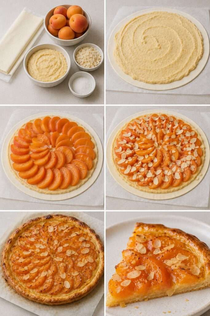 Tarte fine en pâte feuilletée garnie de crème d’amande fondante, de quartiers d’abricots rôtis et d’amandes effilées dorées au four.