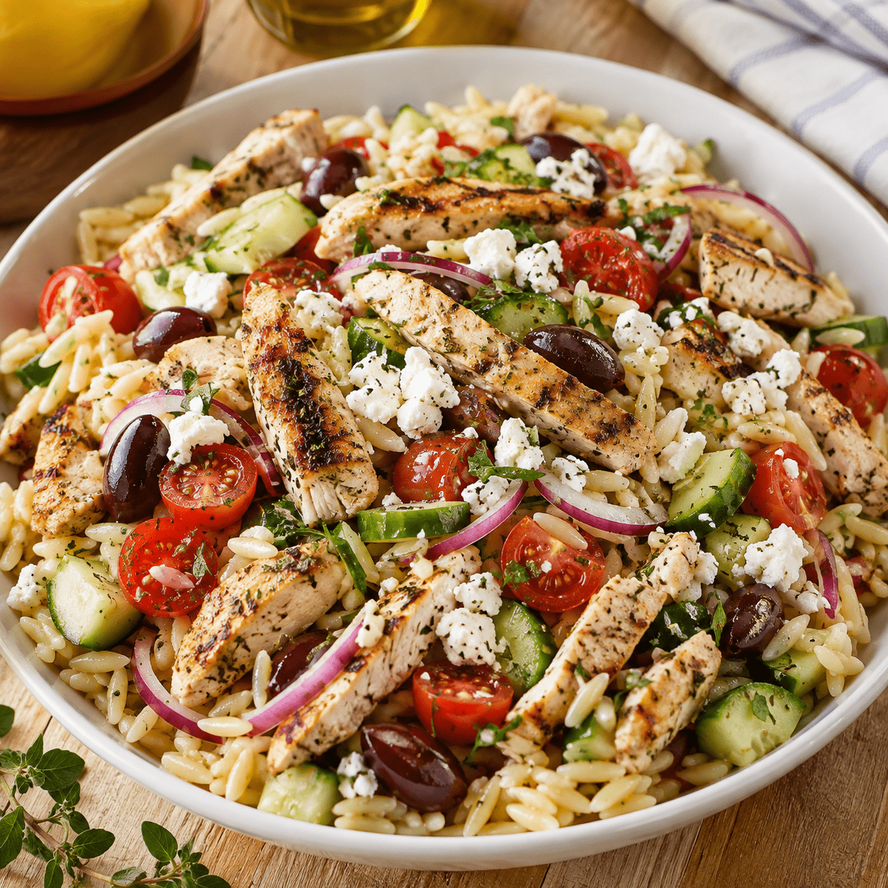 Salade d’orzo au poulet à la grecque présenté dans une vaisselle claire, avec les ingrédients principaux visibles et une lumière naturelle chaude
