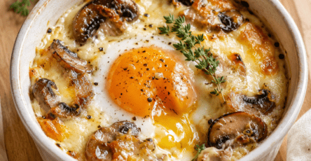 Des œufs cuits doucement sur des champignons dorés, une crème légère et du comté fondant, avec un jaune encore coulant.