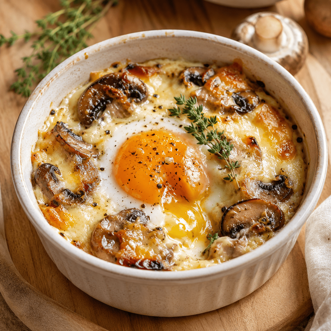 Des œufs cuits doucement sur des champignons dorés, une crème légère et du comté fondant, avec un jaune encore coulant.
