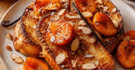 Une brioche dorée et moelleuse, accompagnée d’abricots caramélisés, d’amandes grillées et d’une touche de vanille.