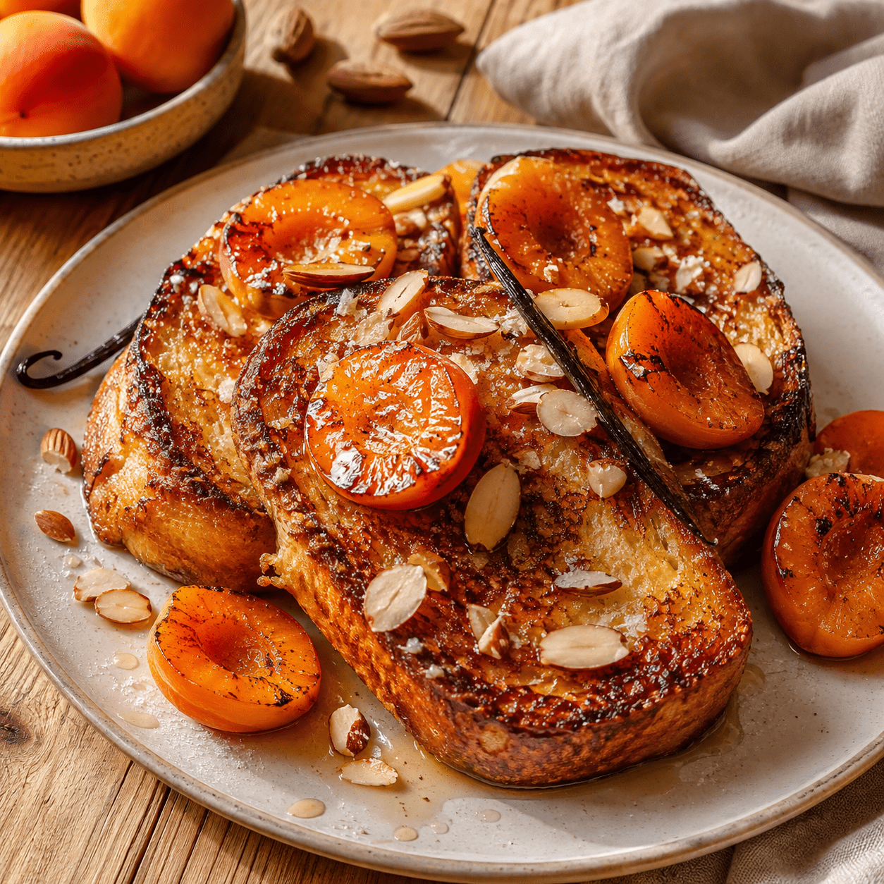 Une brioche dorée et moelleuse, accompagnée d’abricots caramélisés, d’amandes grillées et d’une touche de vanille.