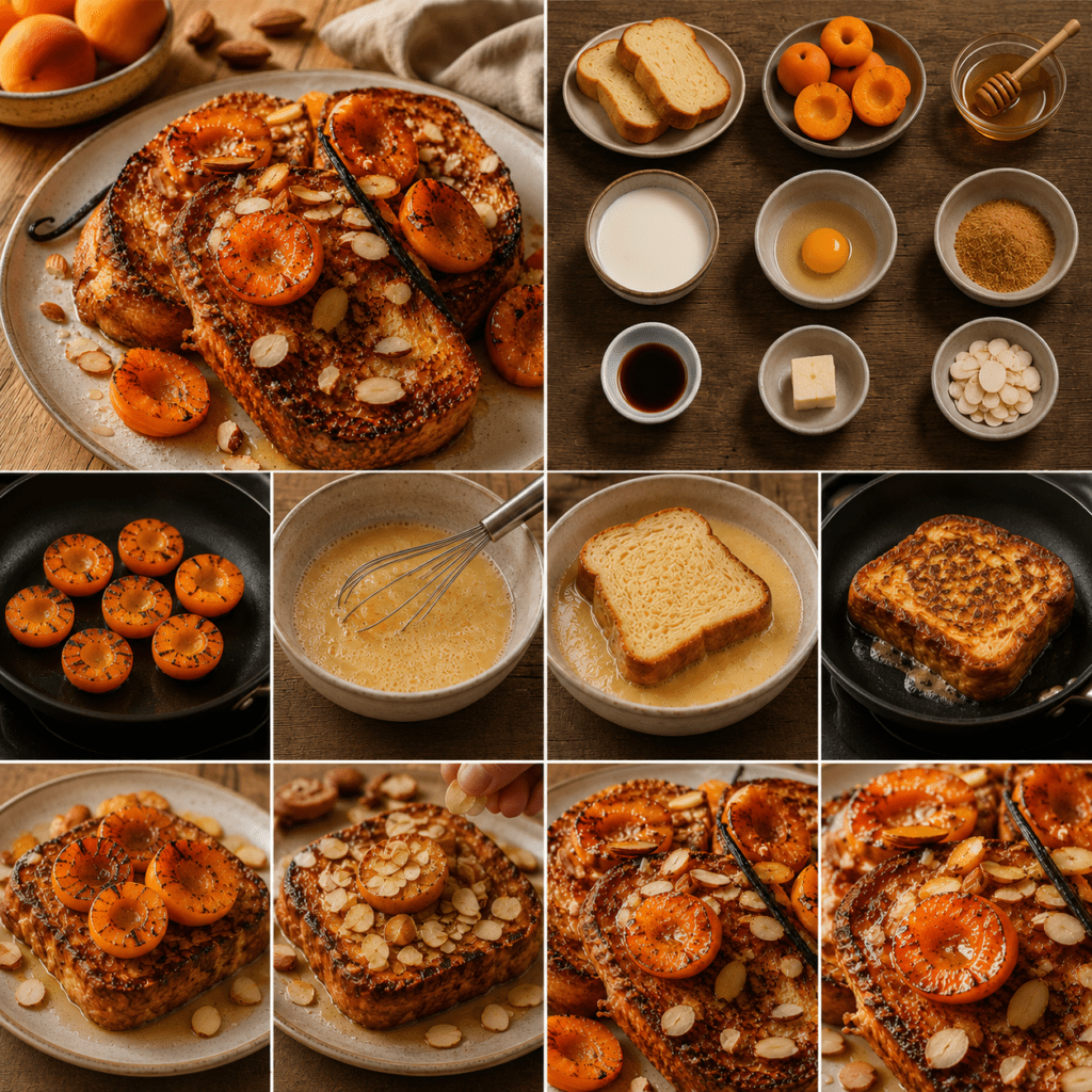 Une brioche dorée et moelleuse, accompagnée d’abricots caramélisés, d’amandes grillées et d’une touche de vanille.