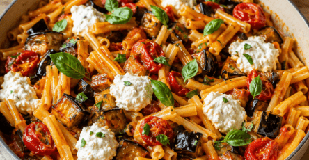 One-pot pasta. Des pâtes cuites dans une seule sauteuse avec aubergine fondante, tomates, ail, basilic et ricotta crémeuse.