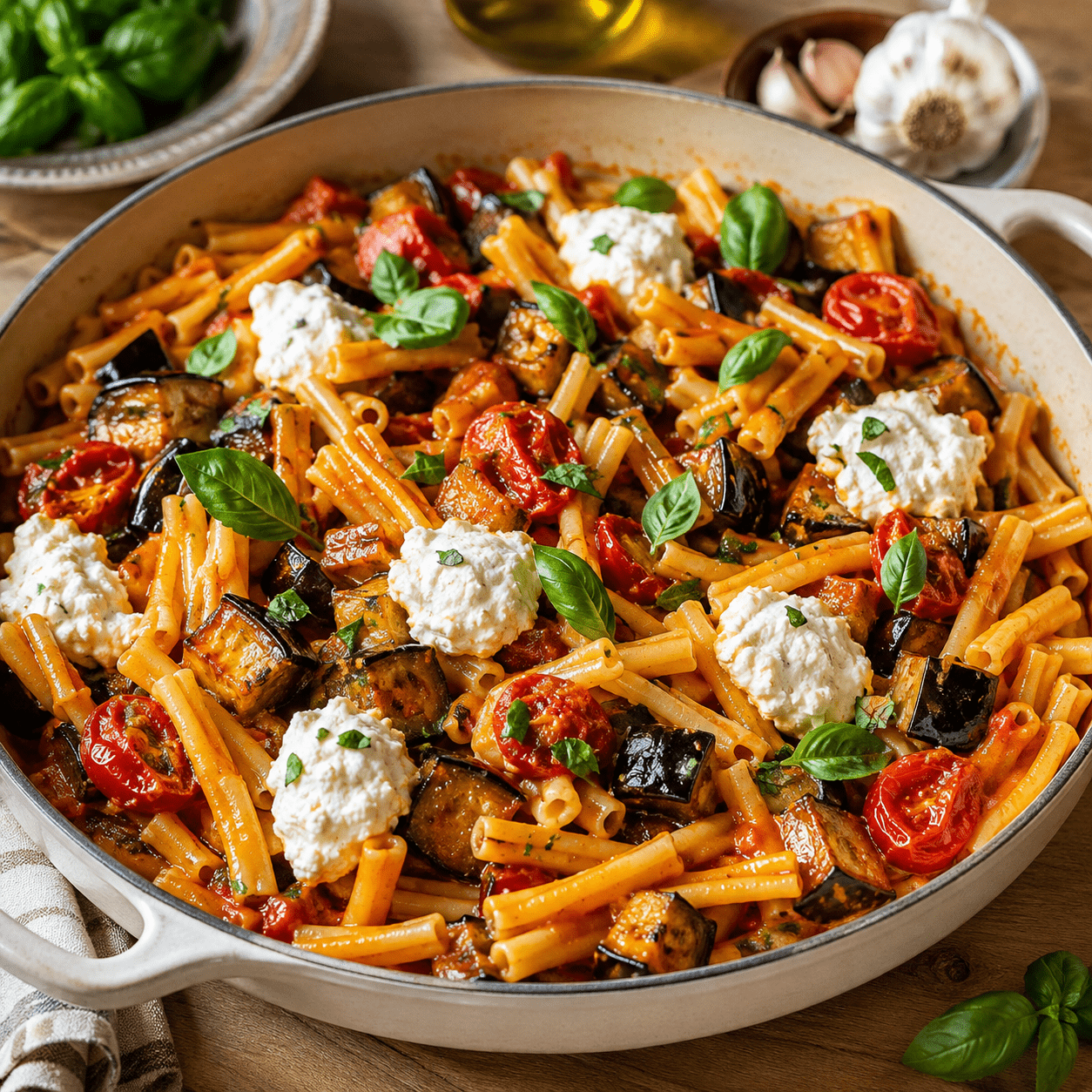 One-pot pasta. Des pâtes cuites dans une seule sauteuse avec aubergine fondante, tomates, ail, basilic et ricotta crémeuse.