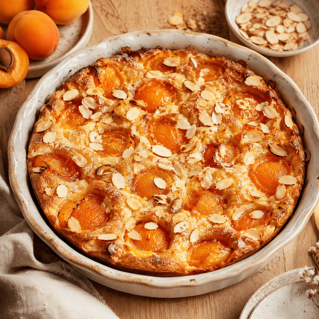 Un clafoutis moelleux aux abricots légèrement acidulés, parfumé à la vanille et couvert d’amandes dorées.