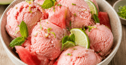 Une glace fraîche et légère à la pastèque, au yaourt et au citron vert, préparée sans sorbetière.