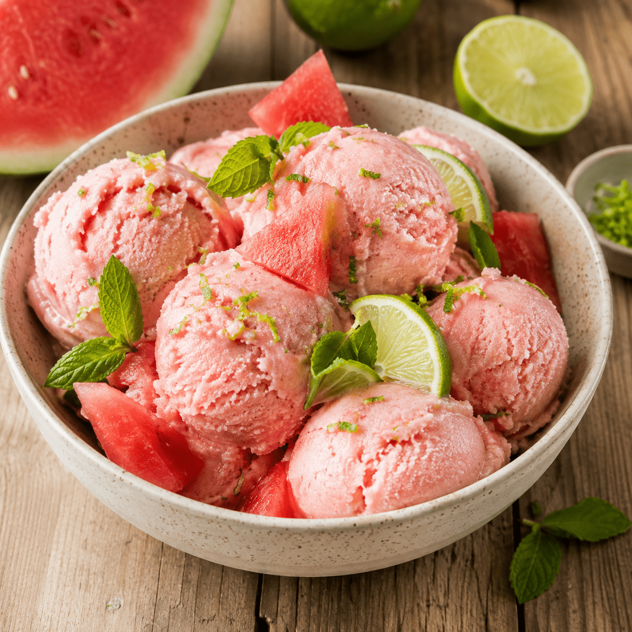 Une glace fraîche et légère à la pastèque, au yaourt et au citron vert, préparée sans sorbetière.