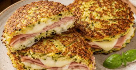 Des galettes croque-courgette de courgette dorées utilisées comme un croque, garnies de jambon et de mozzarella fondante.