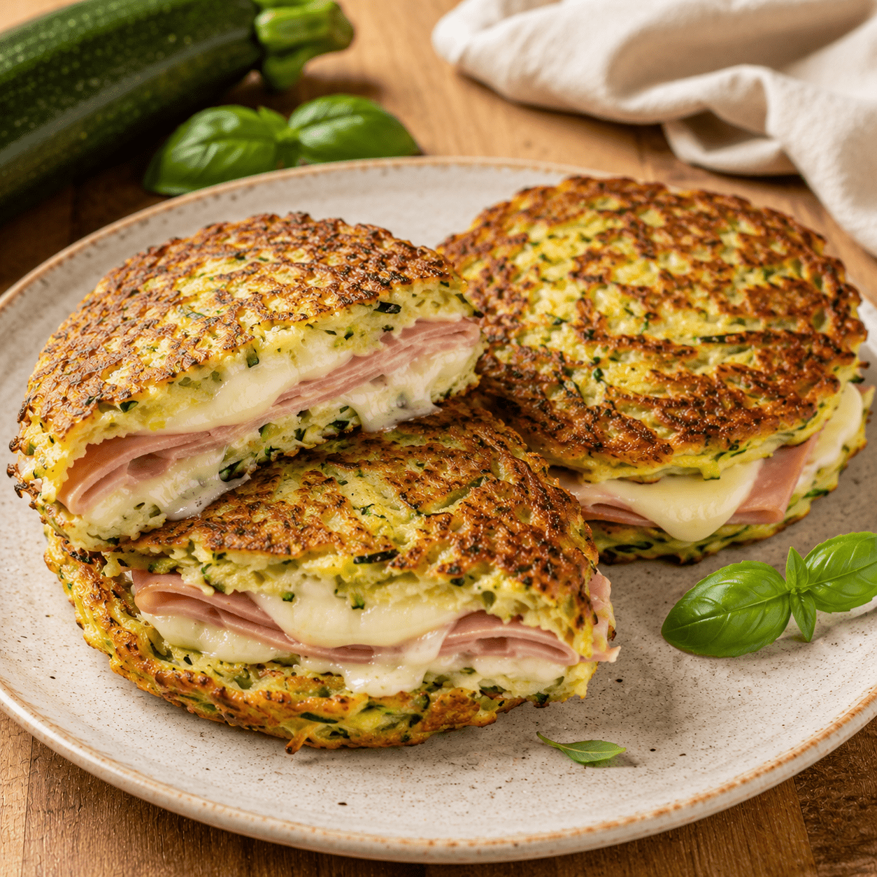 Des galettes croque-courgette de courgette dorées utilisées comme un croque, garnies de jambon et de mozzarella fondante.