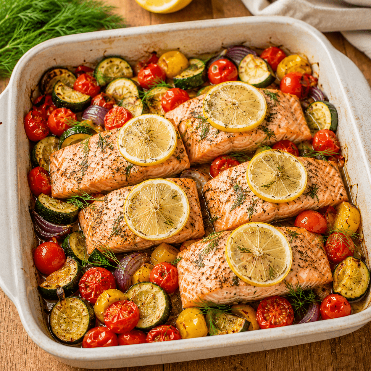 Des pavés de saumon moelleux cuits avec courgette, tomates cerises, citron et aneth dans un même plat.