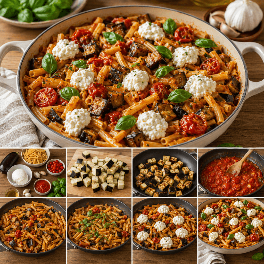 One-pot pasta. Des pâtes cuites dans une seule sauteuse avec aubergine fondante, tomates, ail, basilic et ricotta crémeuse.