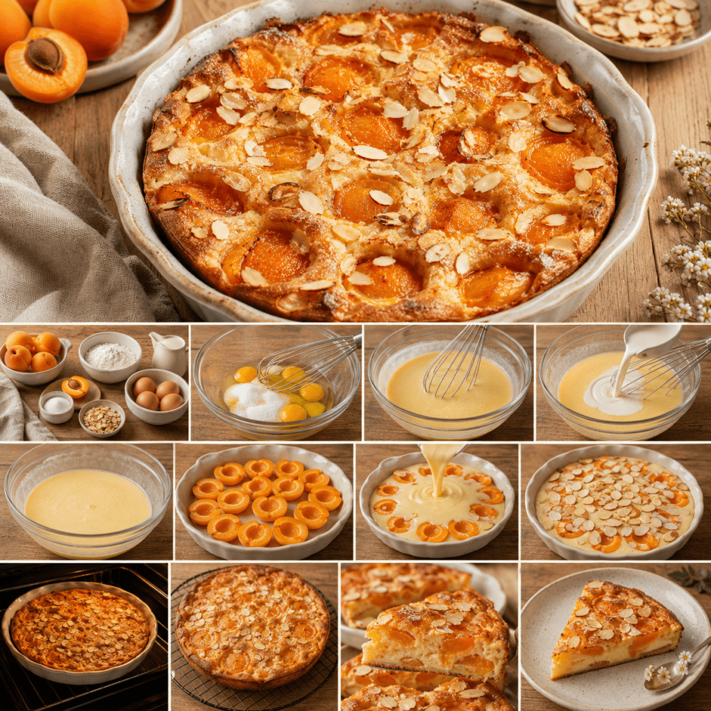 Un clafoutis moelleux aux abricots légèrement acidulés, parfumé à la vanille et couvert d’amandes dorées.