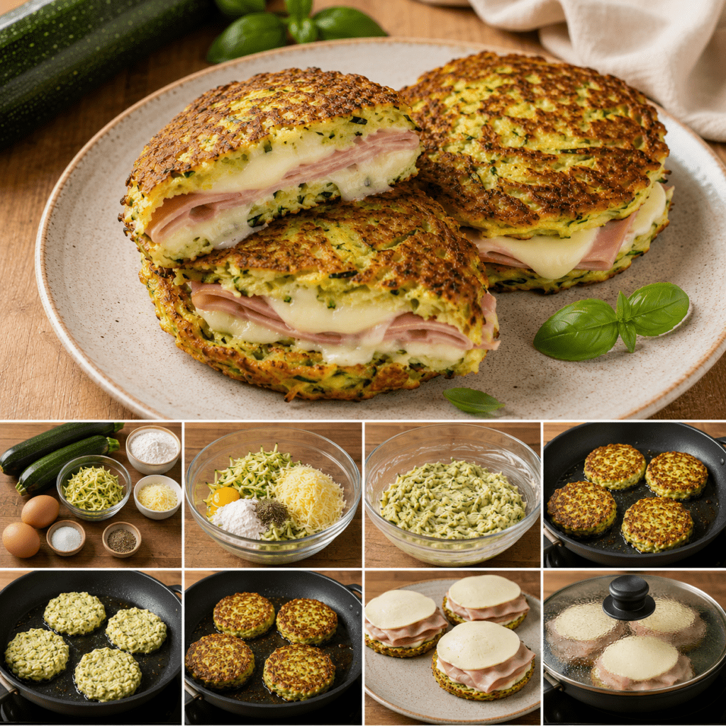 Des galettes croque-courgette de courgette dorées utilisées comme un croque, garnies de jambon et de mozzarella fondante.